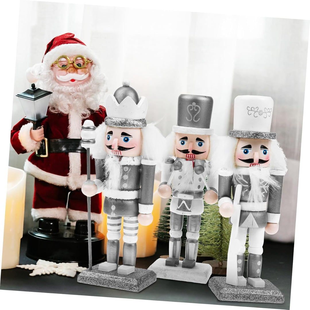 MAGICLULU 15cm Holz Nussknacker Ornament 3 Stück Silberweiss Zum Aufhängen Weihnachtsbaum Tischdeko