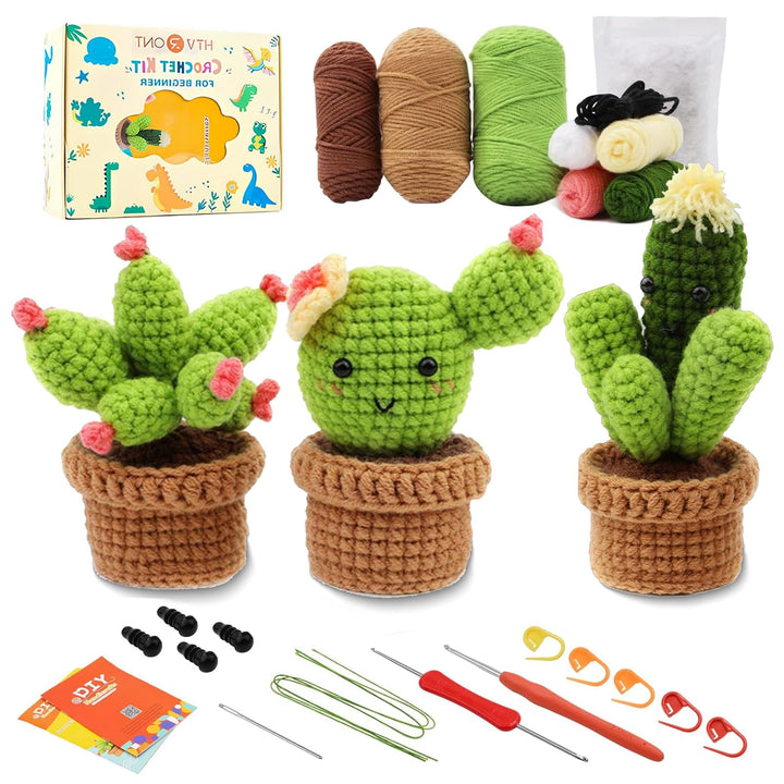 Lonsien Häkelset für Anfänger 3 Cactus Häkeln Für Anfänger Komplett Stricken für Anfänger Set Croche