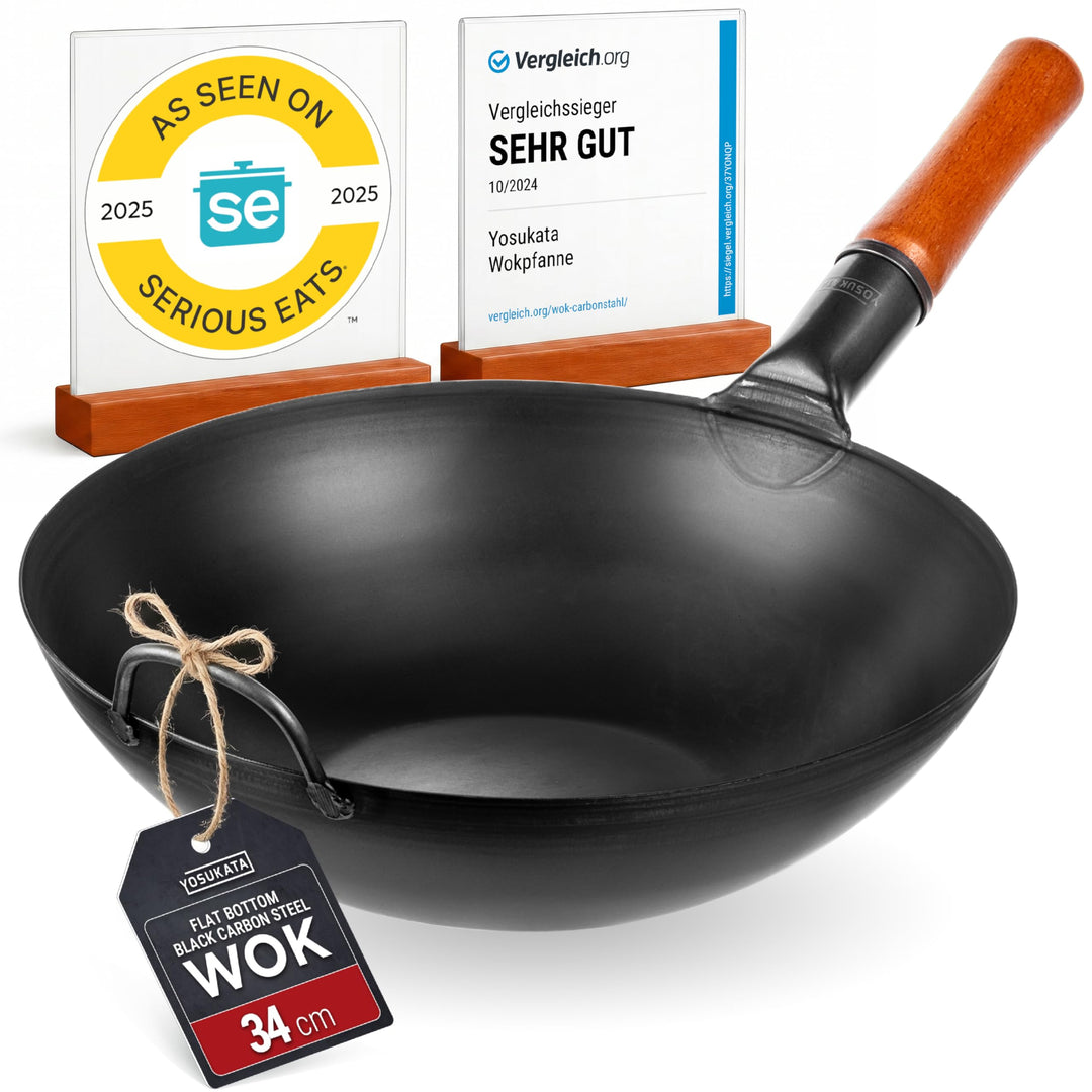 YOSUKATA Karbonstahl Woks &amp; Wokpfannen - 34 cm Voreingebrannter Wok Pfanne Karbonstahl Flacher Boden