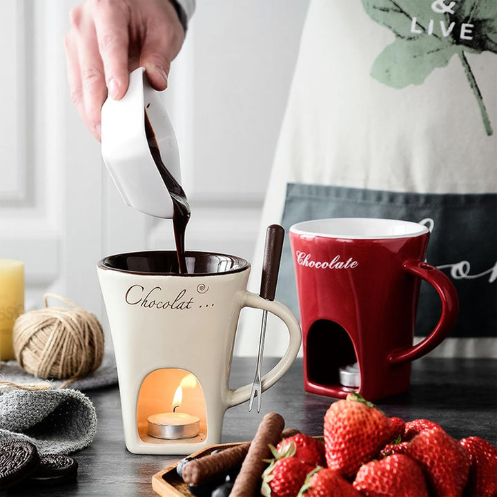 Schokofondue Tasse, 200Ml schokoladenfondue Tasse, Mehrzweck Chocolate Fondue Set mit Gabel und Teel