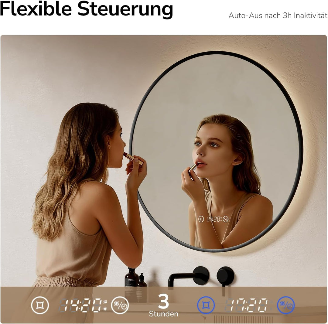 EMKE LED Badspiegel Rund Spiegel mit Beleuchtung ф70cm Badspiegel Schwarzer Rand Badezimmerspiegel m