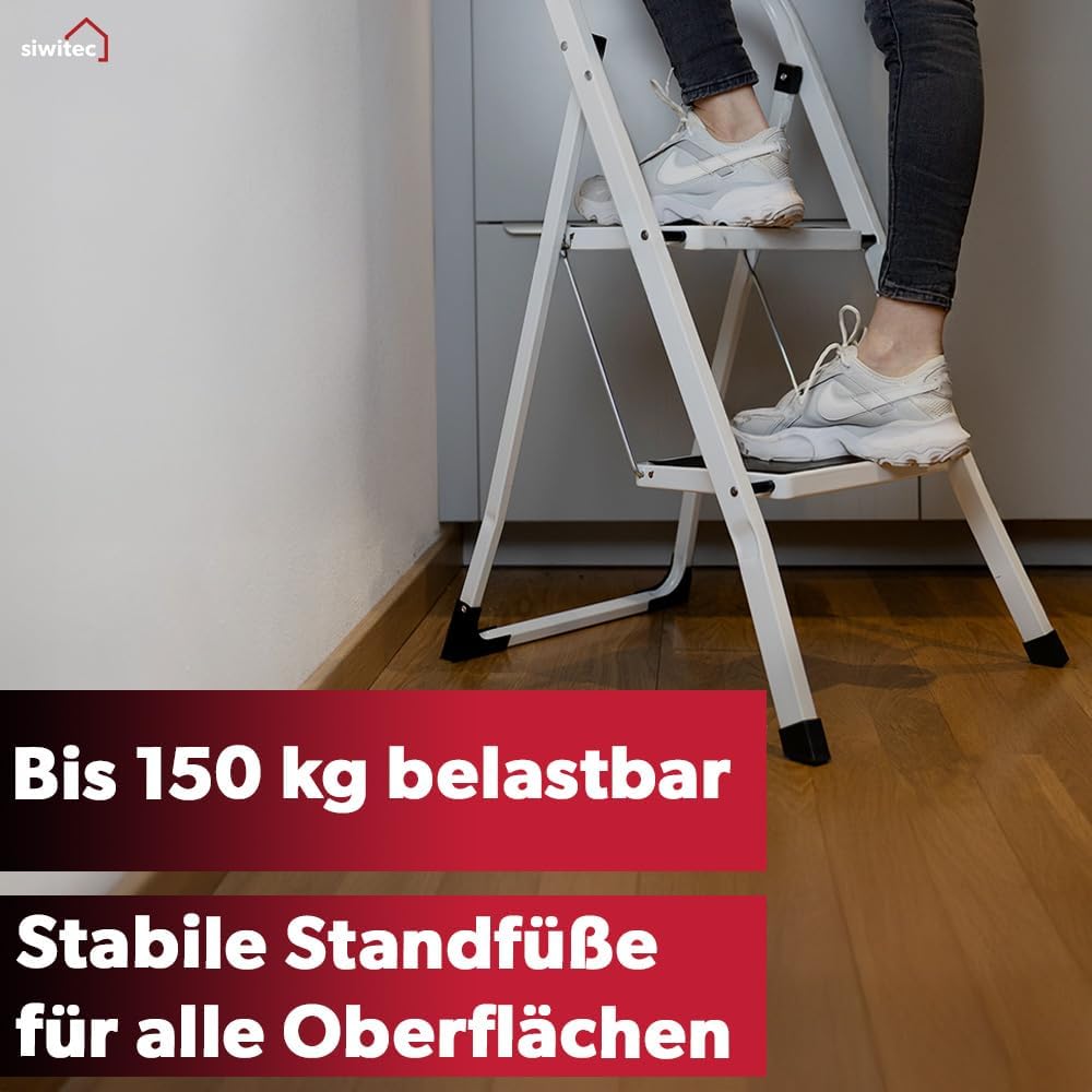 siwitec Klapptritt aus Stahl mit 2 Stufen, Weiss, kleine Leiter mit Anti-Rutschmatten, 150 kg Tragla