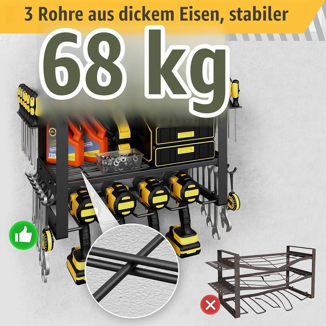 Jusgym Werkzeug Wandhalterung, 3 Ebenen Schwerlast Werkstatt Wandregal mit 4 Akkuschrauber Halterung