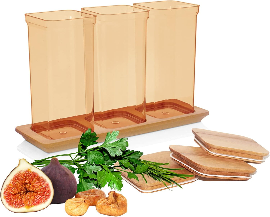 3x Spaghettidose Kunststoff, Vorratsdosen mit Bambusdeckel Braun - Bernstein, Müslibehälter Set 1,5