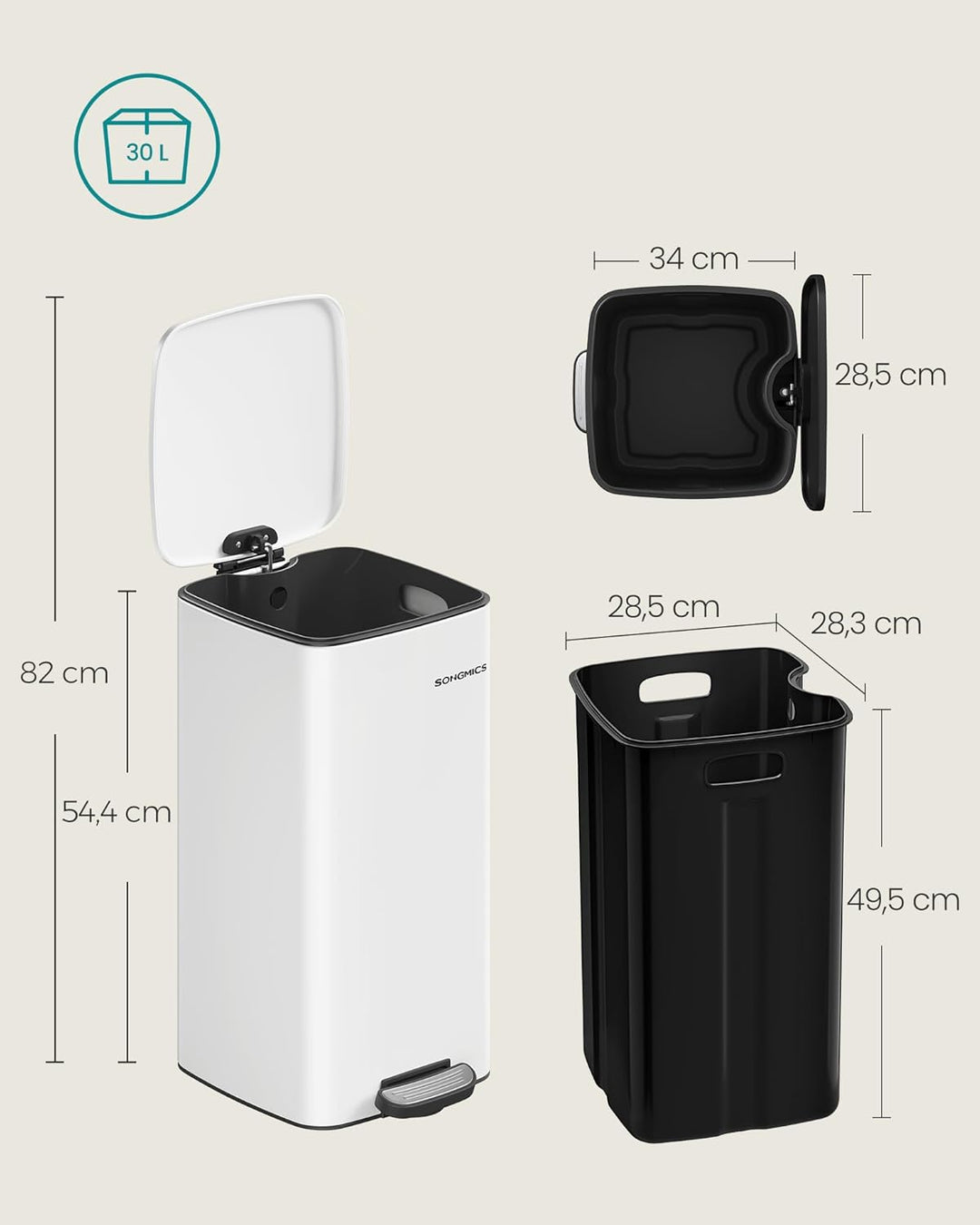 SONGMICS Mülleimer Küche, 30 Liter Abfalleimer, Tretmülleimer, Stahl, mit Inneneimer, Softclose, Off