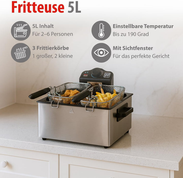 alpina Friteuse 5 Liter - Friteuse mit Fett - Friteuse Öl 200W - Zwei Frittierkörbe - Einstellbare T