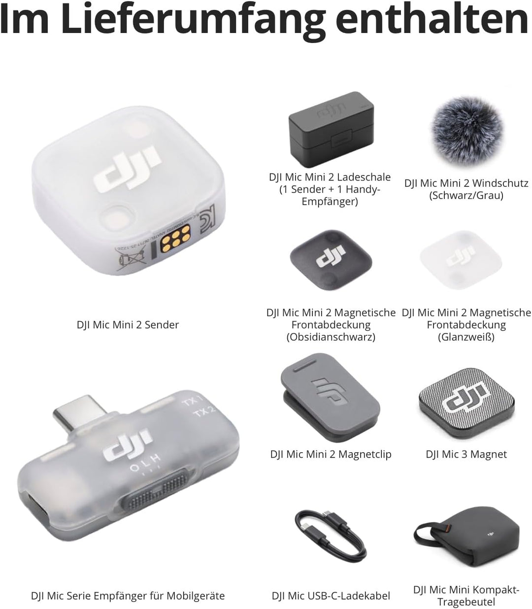 DJI Mic Mini 2 (1 TX+1 Mobile RX+Ladeschale), Ansteckmikrofon, kabelloses Lavalier-Mikrofon für iPho