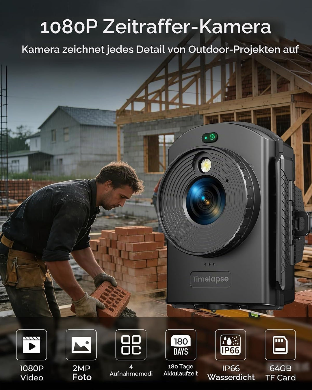 Zeitraffer Kamera für Aussenbauprojekte, 180 Tage Aufnahmezeit, Timelapse Kamera mit IR-Positionieru