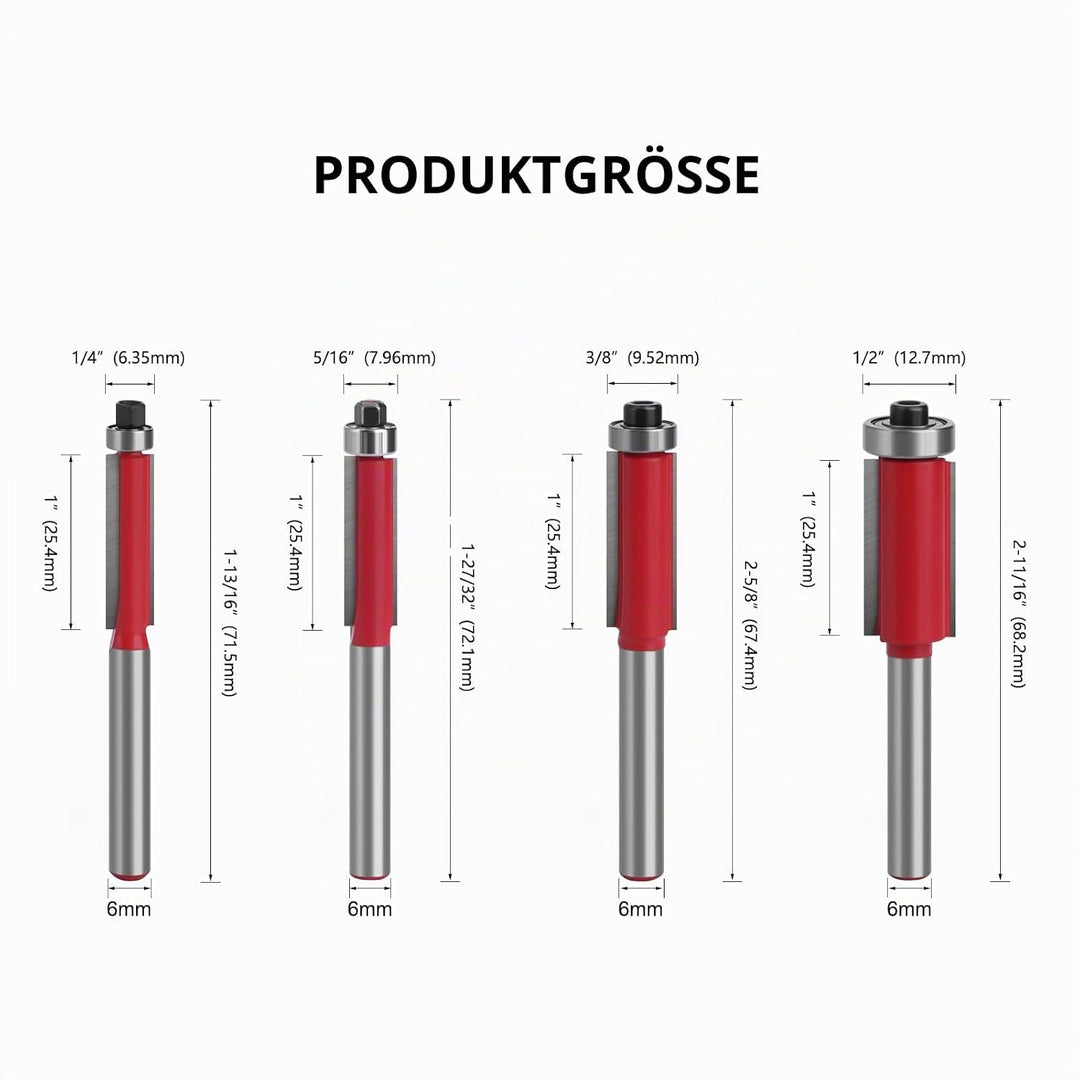 4 Stück Bündigfräser 6mm Schaft, Bündigfräser Fräser Set, Doppelseitiger Fräser mit Lagern, Holzschn