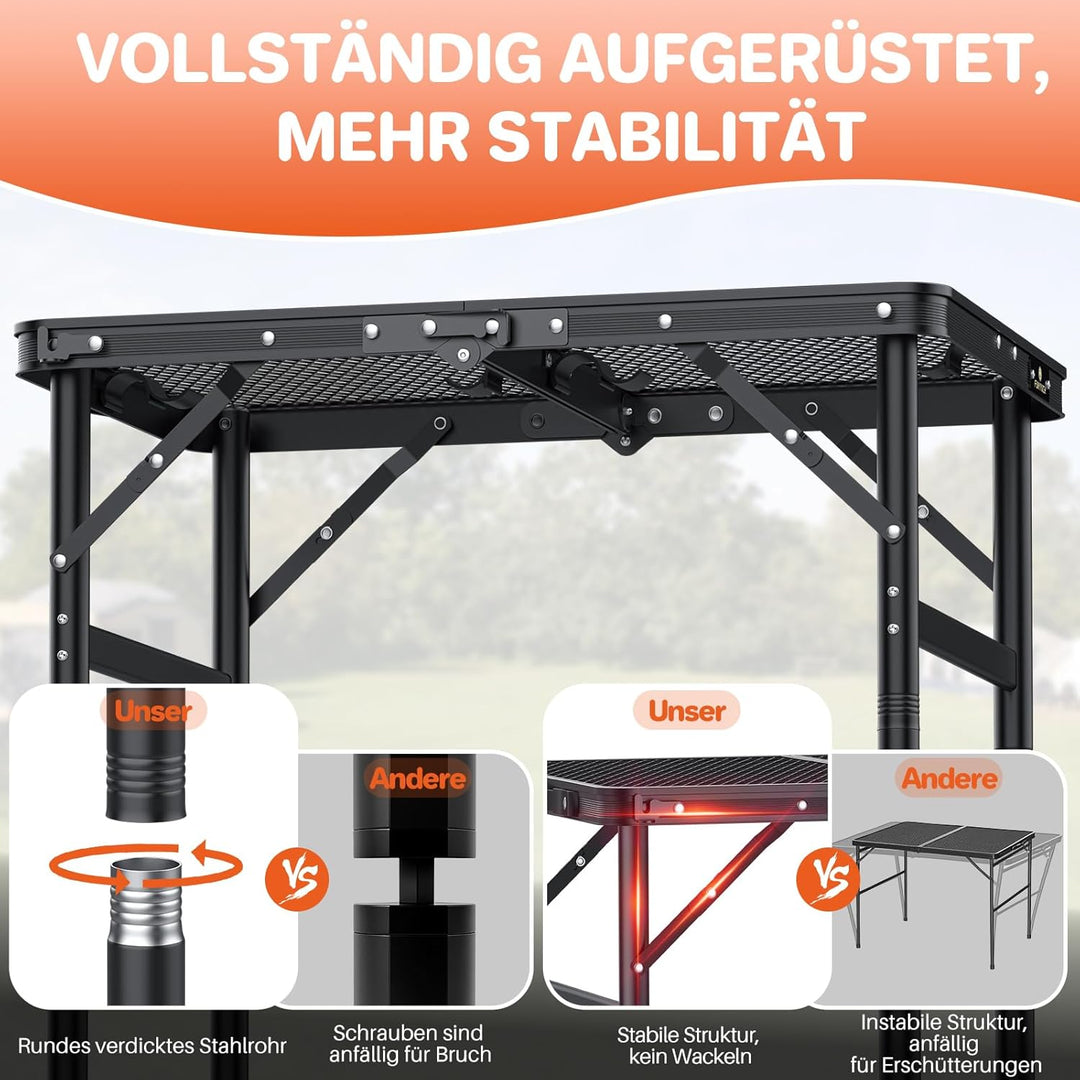 FUNYKICH Klappbar Grilltisch 60 x 40cm, Tragbarer Campingtisch Outdoor mit 3 Höhenverstellbar(27/51/