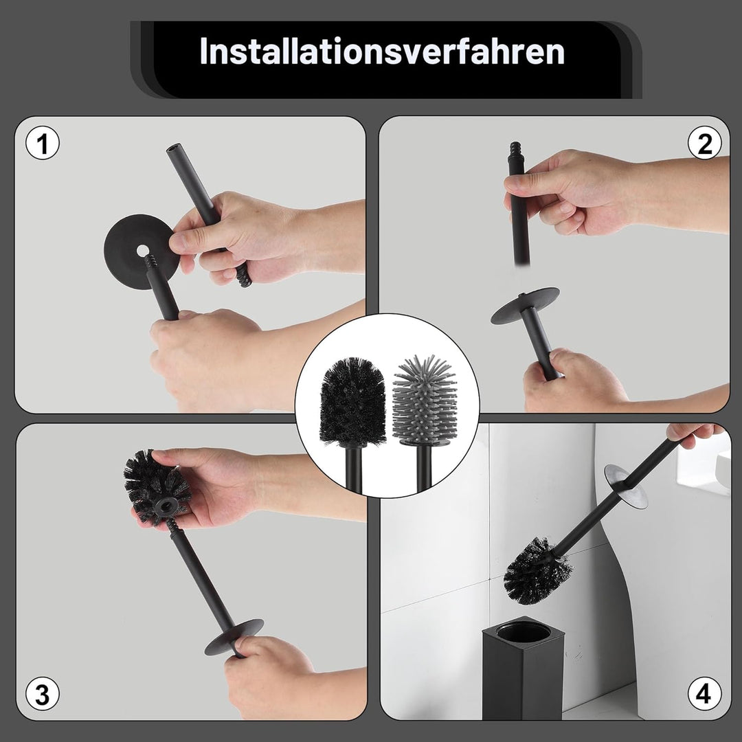 BVL WC Bürsten & Halter Schwarz, Metall Toilettenbürste Inklusive 2 Bürstenköpfe, Freistehende Quadr