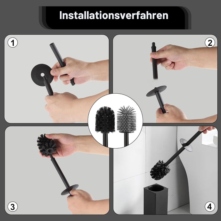 BVL WC Bürsten & Halter Schwarz, Metall Toilettenbürste Inklusive 2 Bürstenköpfe, Freistehende Quadr