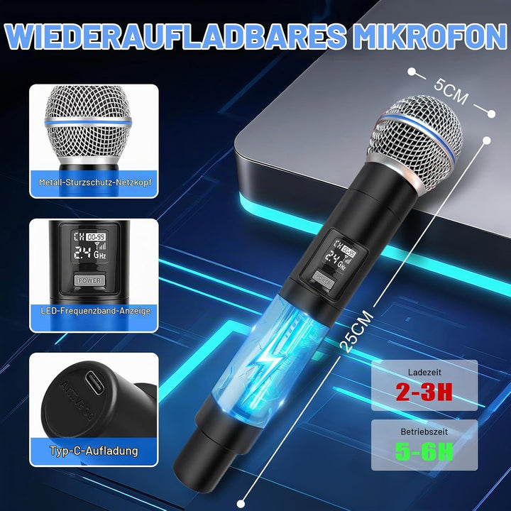 Kabelloses Mikrofon, Drahtloses UHF Mikrofon Set mit wiederaufladbarem, Dual Handmikrofon für Karaok