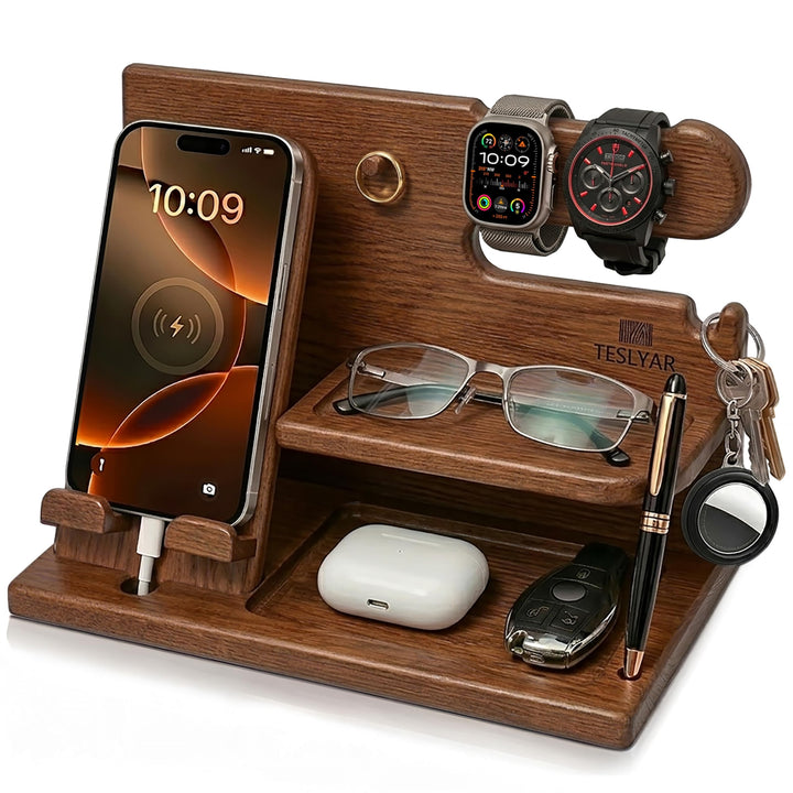 TESLYAR Holz Telefon Dockingstation &amp; Schreibtisch Organizer Holz mit Handyständer Beige für Büro Au