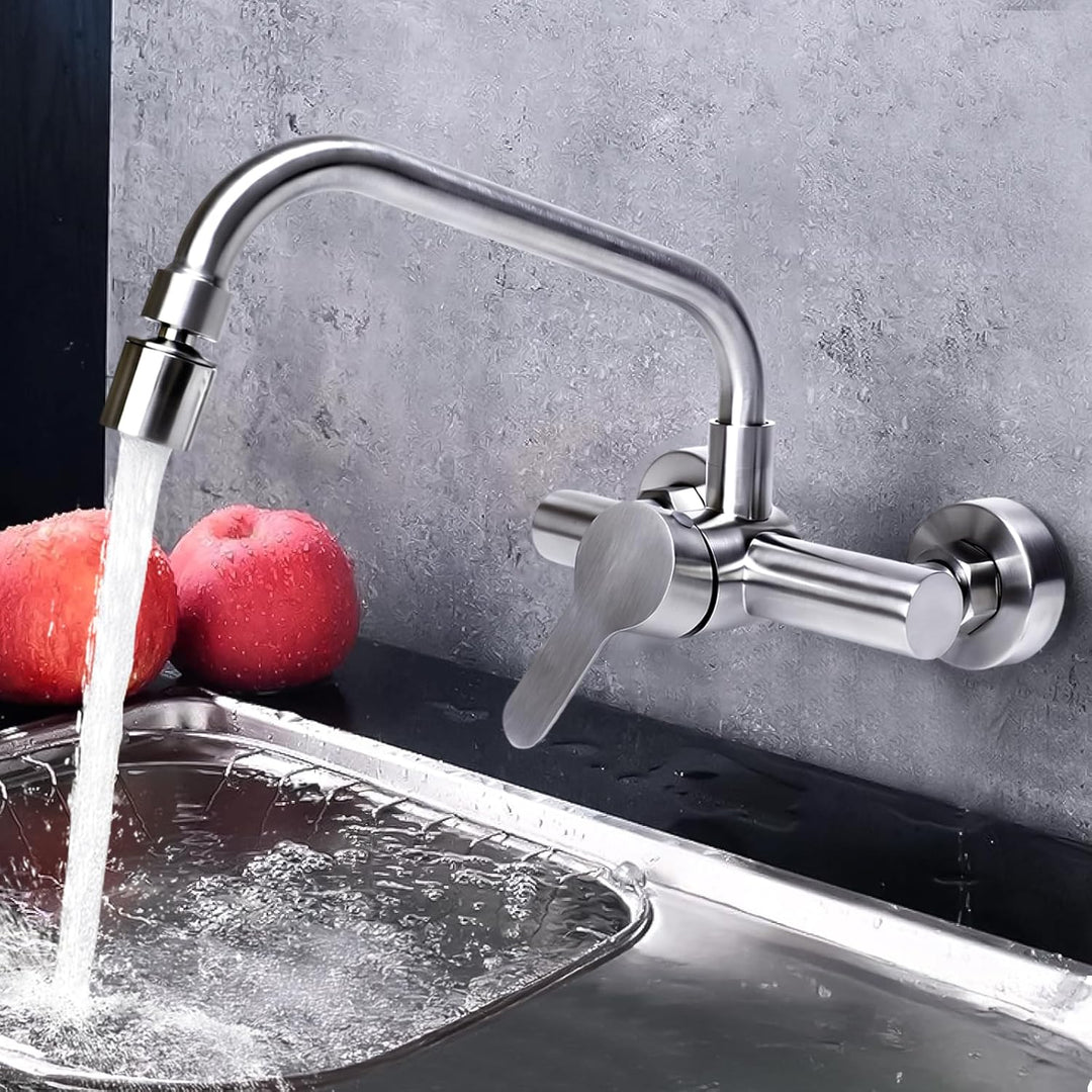 Küchenarmatur 360 ° Drehbar, Edelstahl Wasserhahn Wandmontage mit 2 Strahlarten Mischbatterie Armatu