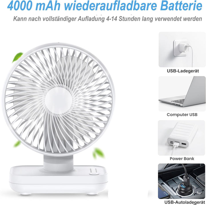 Mini Ventilator Leise, USB 4000mAh Akku kleiner Tischventilator, 4 Geschwindigkeiten für den Schreib