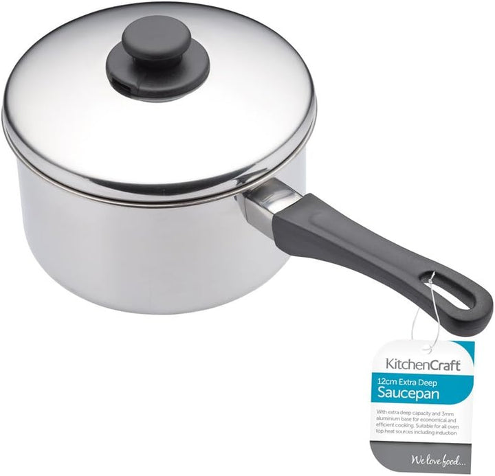 KitchenCraft Extratiefer Induktionskochfeldgeeigneter Kochtopf mit Deckel, Edelstahl, Silber, 28 x 1