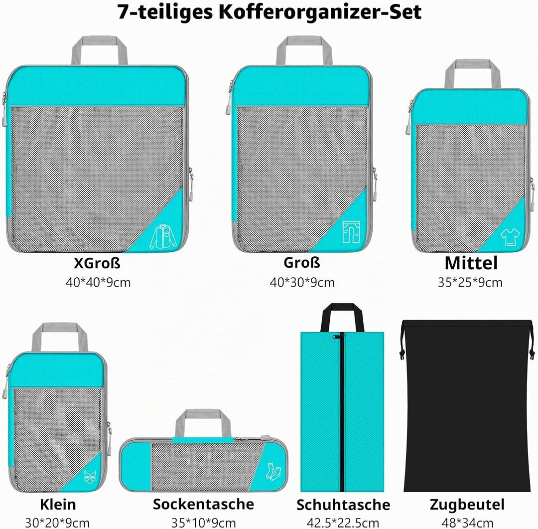 Koffer Organizer Set 7-teilig, Packtaschen mit Kompression, Compression Packing Cubes für Rucksack u