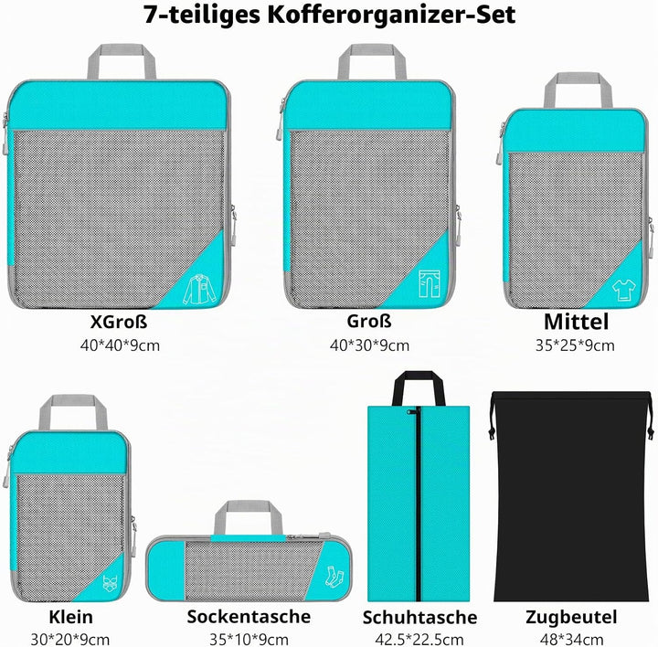Koffer Organizer Set 7-teilig, Packtaschen mit Kompression, Compression Packing Cubes für Rucksack u