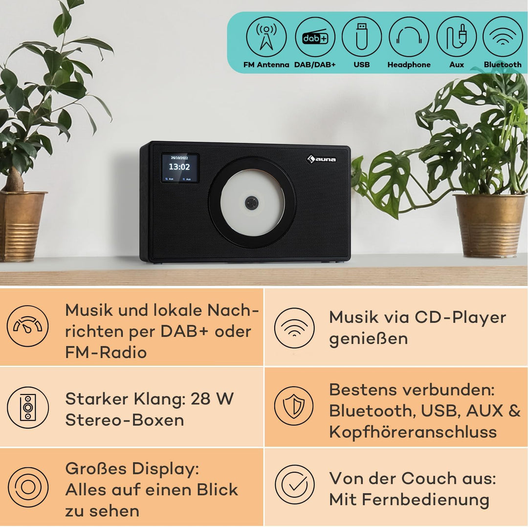 Auna Radio für Küche & Bad, DAB Radio mit CD Player zur Wandmontage, DAB Plus mit Bluetooth, DAB/DAB