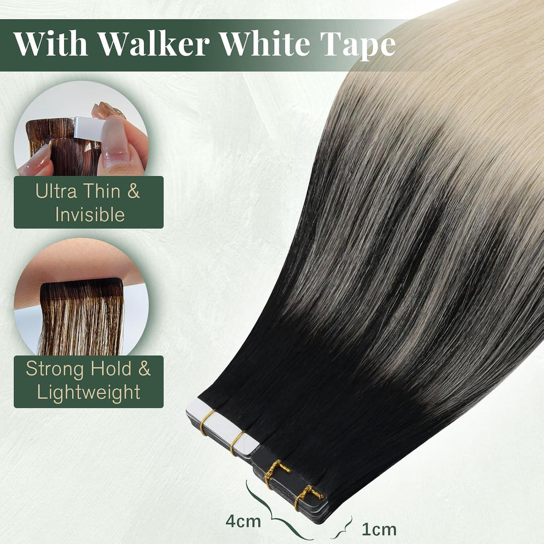 Ugeat Tape Extensions Echthaar Platinblond Ombre 40 cm Ombre Echthaar Extensions Tape Naturschwarz O