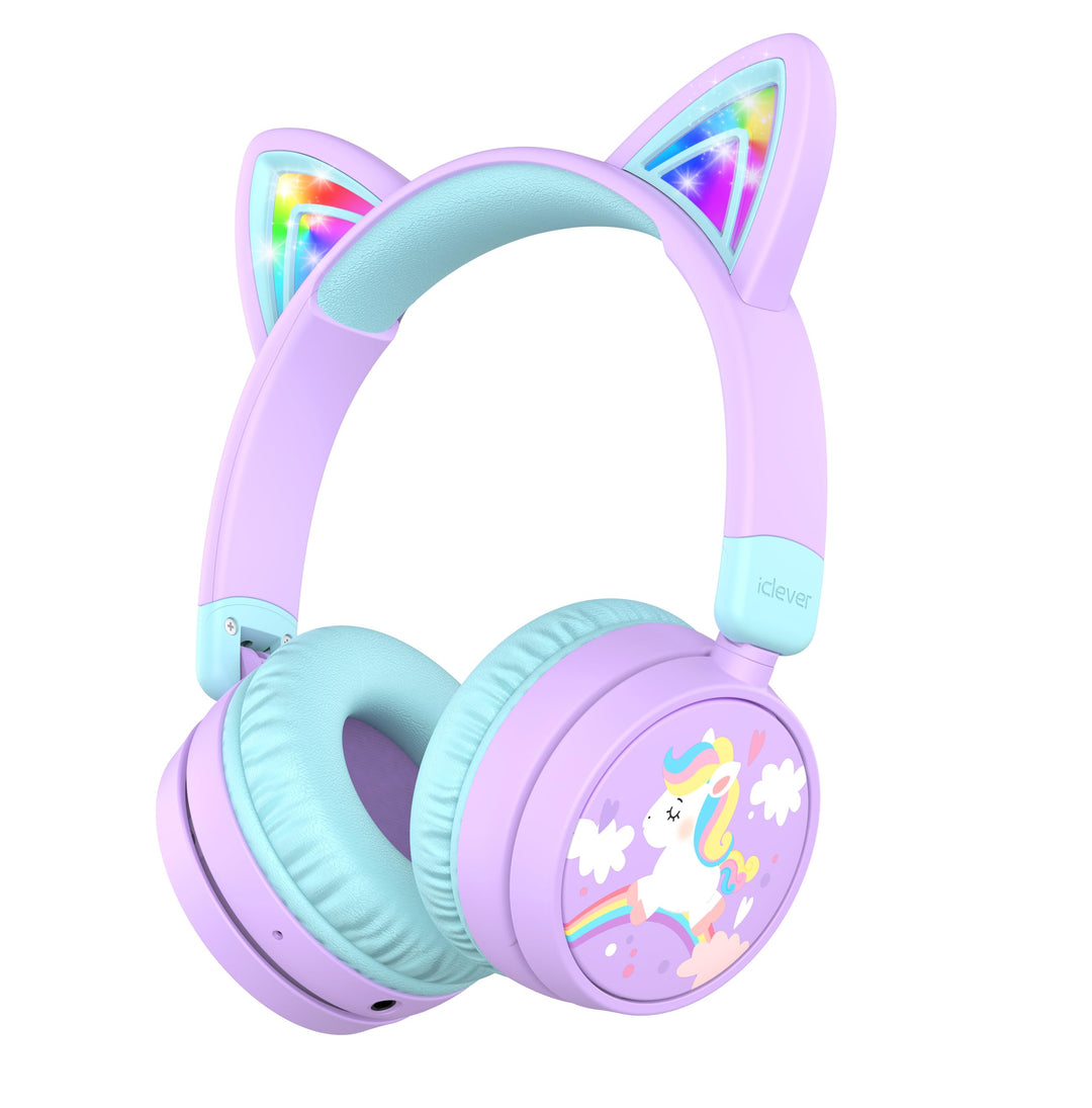 iClever Bluetooth Kopfhörer Kinder, 60 Stunden Spielzeit, Katzenohren mit LED-Leuchten, Sichere Laut