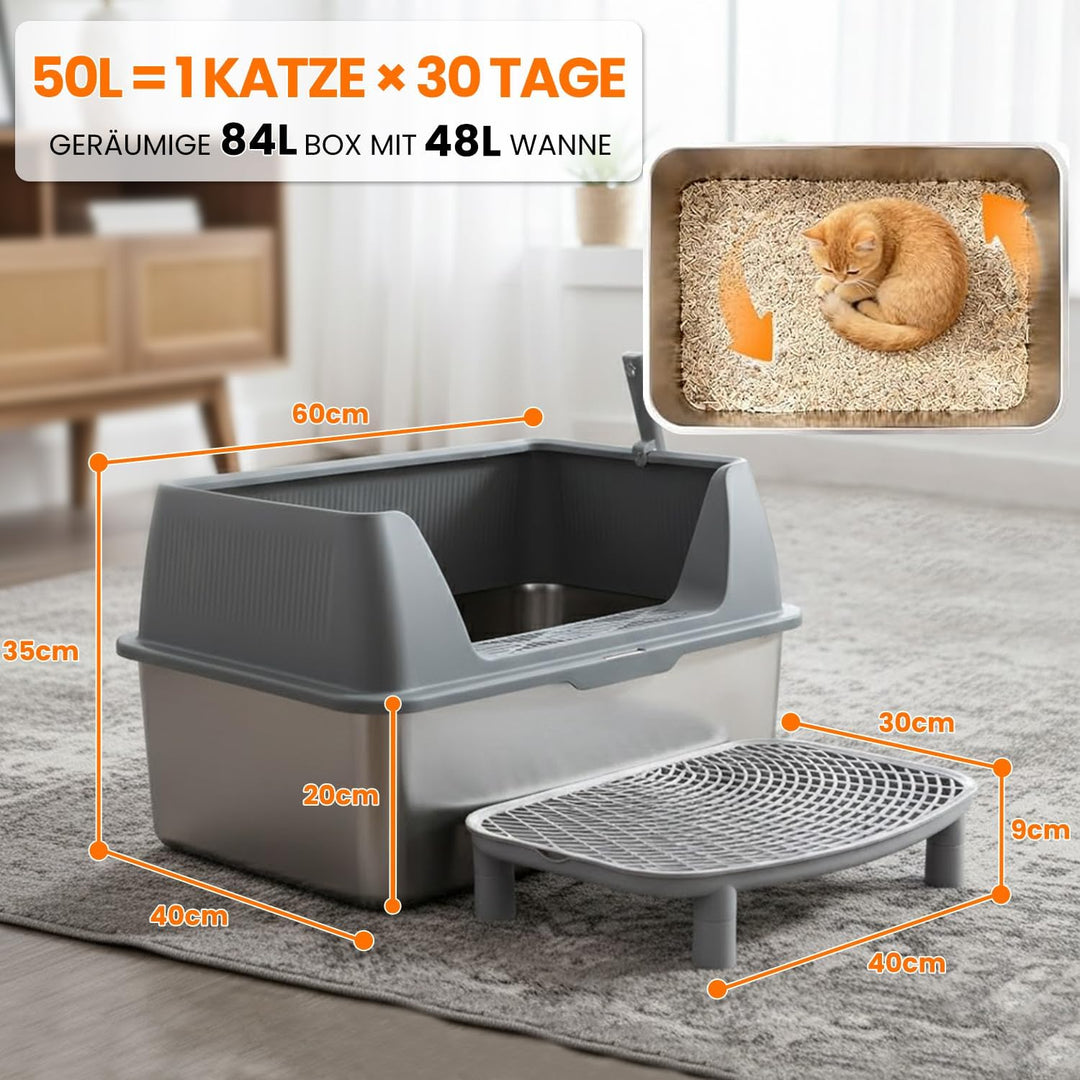 Edelstahl Katzentoilette XXL 60x40x35cm, Extra Hochwand Katzenklo Auslaufsicher &amp; Spritzsicher, Einf