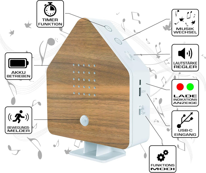 Northpoint Naturgeräuschebox Vogel Gesang Vogelzwitscher Box Bewegungsmelder Vogelgeräusche Licht Au