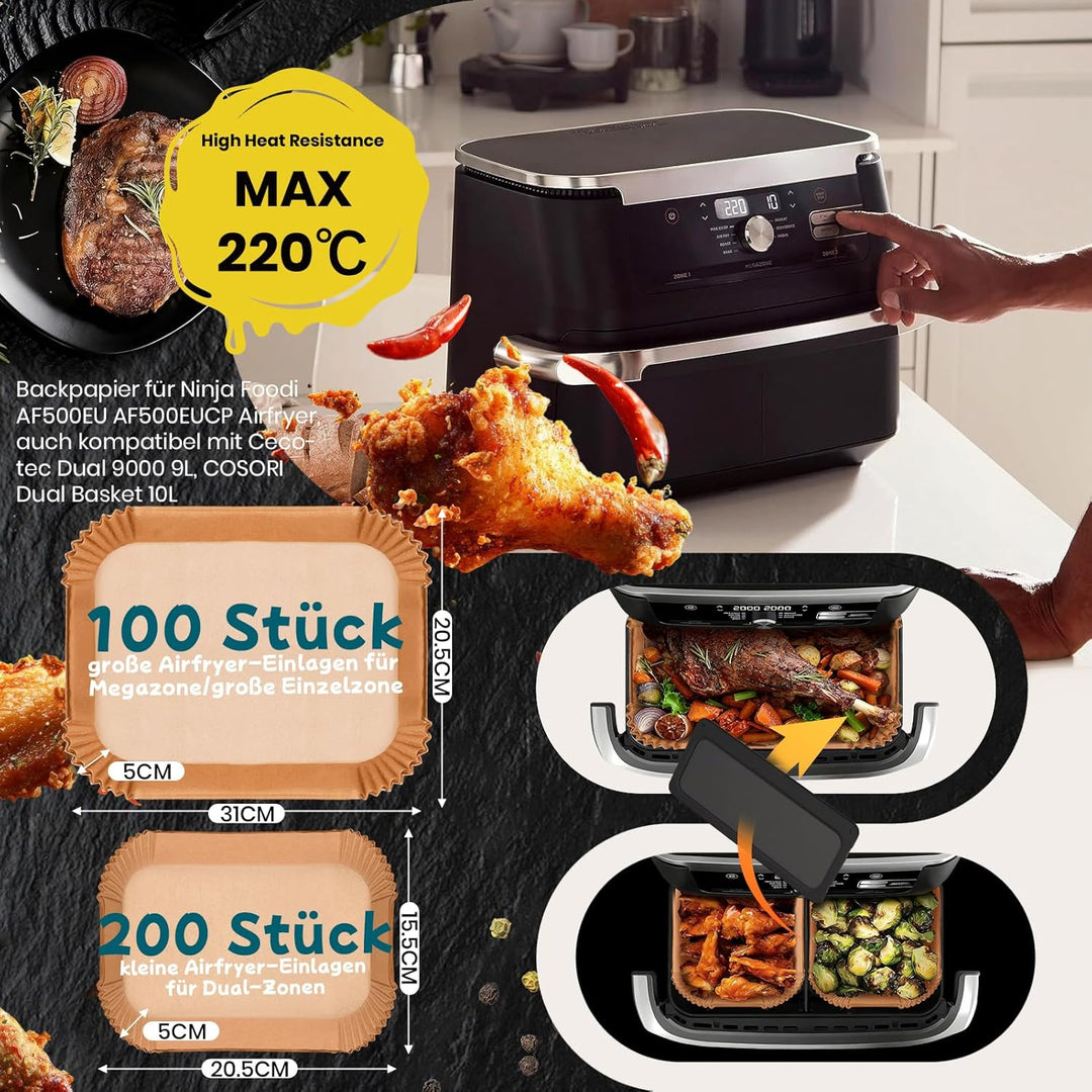 300 Stück Backpapier für Ninja Foodi Flexdrawer 10,4L Heissluftfritteuse Dual Zone, Zubehör für Ninj