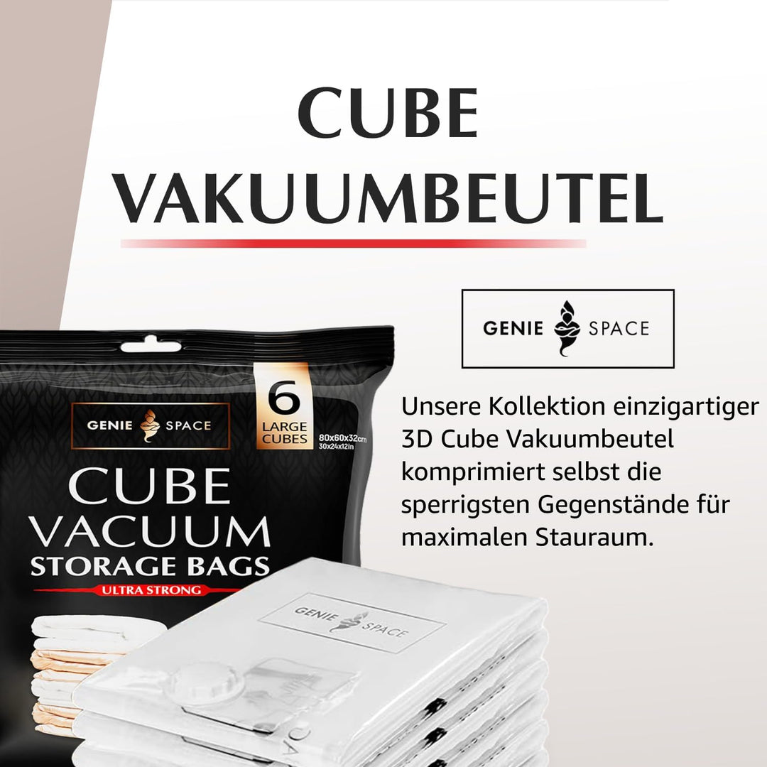 GENIE SPACE Vakuumbeutel - 6er Pack, Gross, 80x60x32cm | Starke platzsparende Packwürfel | Luftdicht