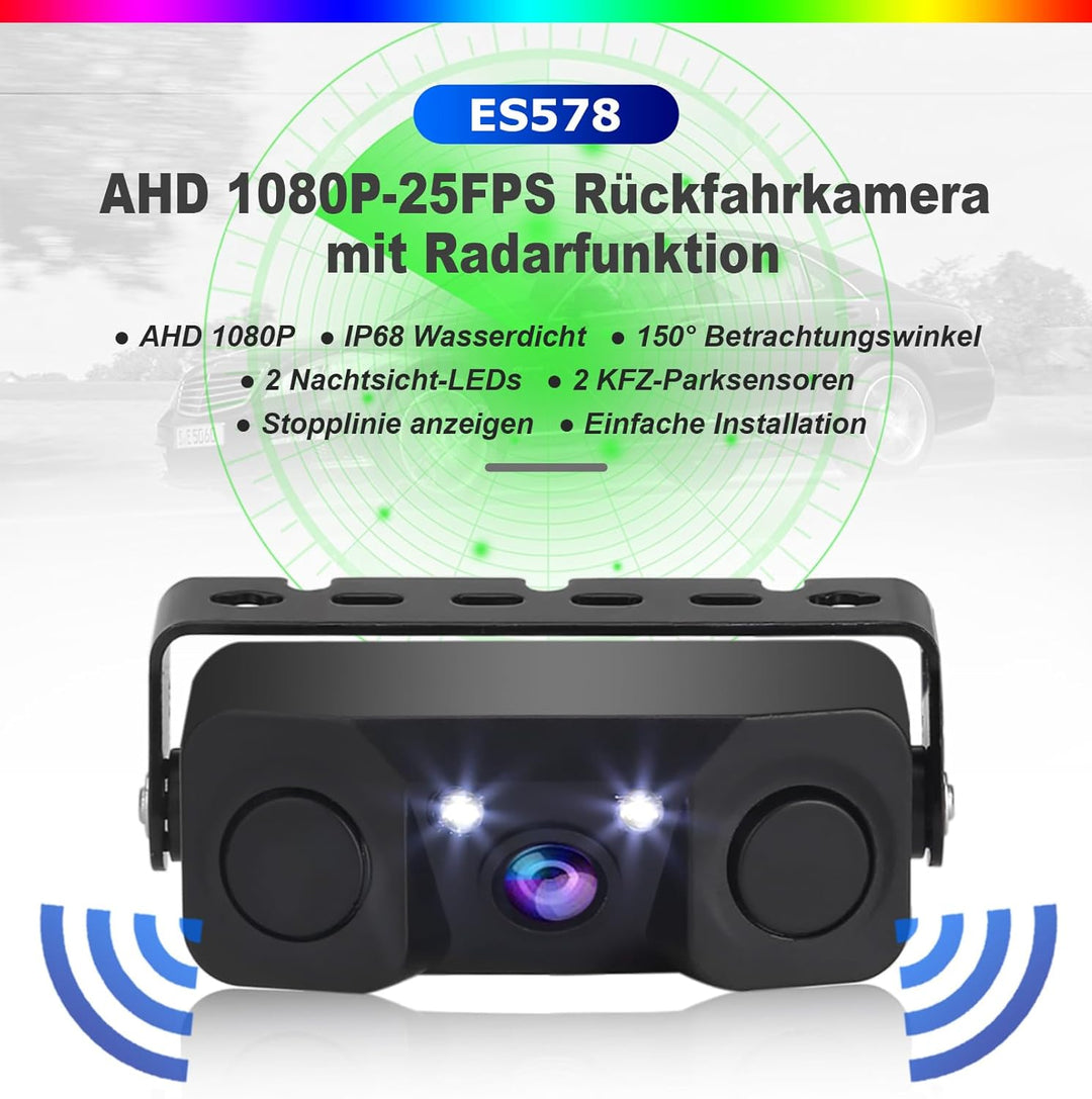 ERISIN AHD 1080P Rückfahrkamera mit Parksensor, Rückfahrkamera-Assistent für Autos, 150-Grad-Blickwi