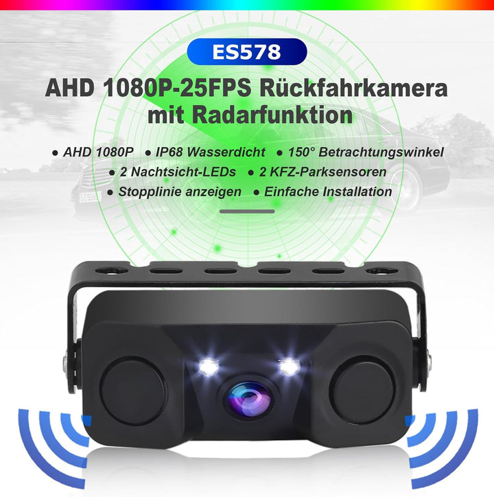 ERISIN AHD 1080P Rückfahrkamera mit Parksensor, Rückfahrkamera-Assistent für Autos, 150-Grad-Blickwi