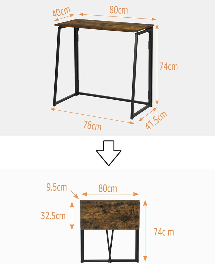 Schreibtisch klappbar 80x40cm Verbrannte Holzoptik, Schnell Aufbaubar Klapptisch, Kleiner Schreibtis