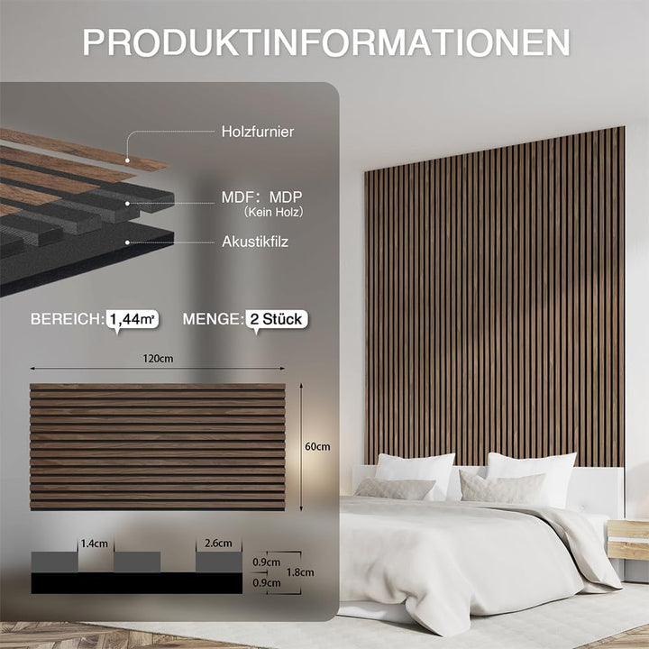 Akustikpaneele Holz 120x60cm-2er Set(1,44m²) 3D Wandpaneele mit Holzfurnier & Filz, Akustik Holzpane
