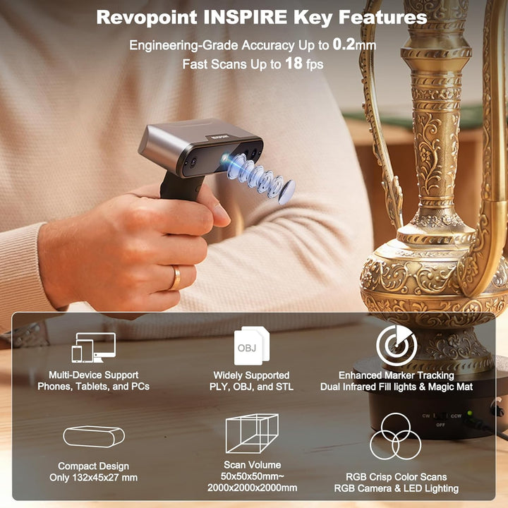 Revopoint Inspire 3D Scanner für 3D-Druck, 0,2 mm Genauigkeit, 18FPS Scangeschwindigkeit Tragbarer 3