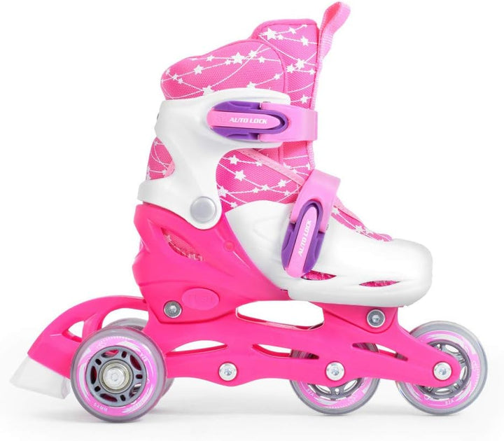 SMJ Kinder Mädchen Set 2in1 Inliner Rollschuhe VERSTELLBAR Inline Skates mit LED Rollen + Schonerset
