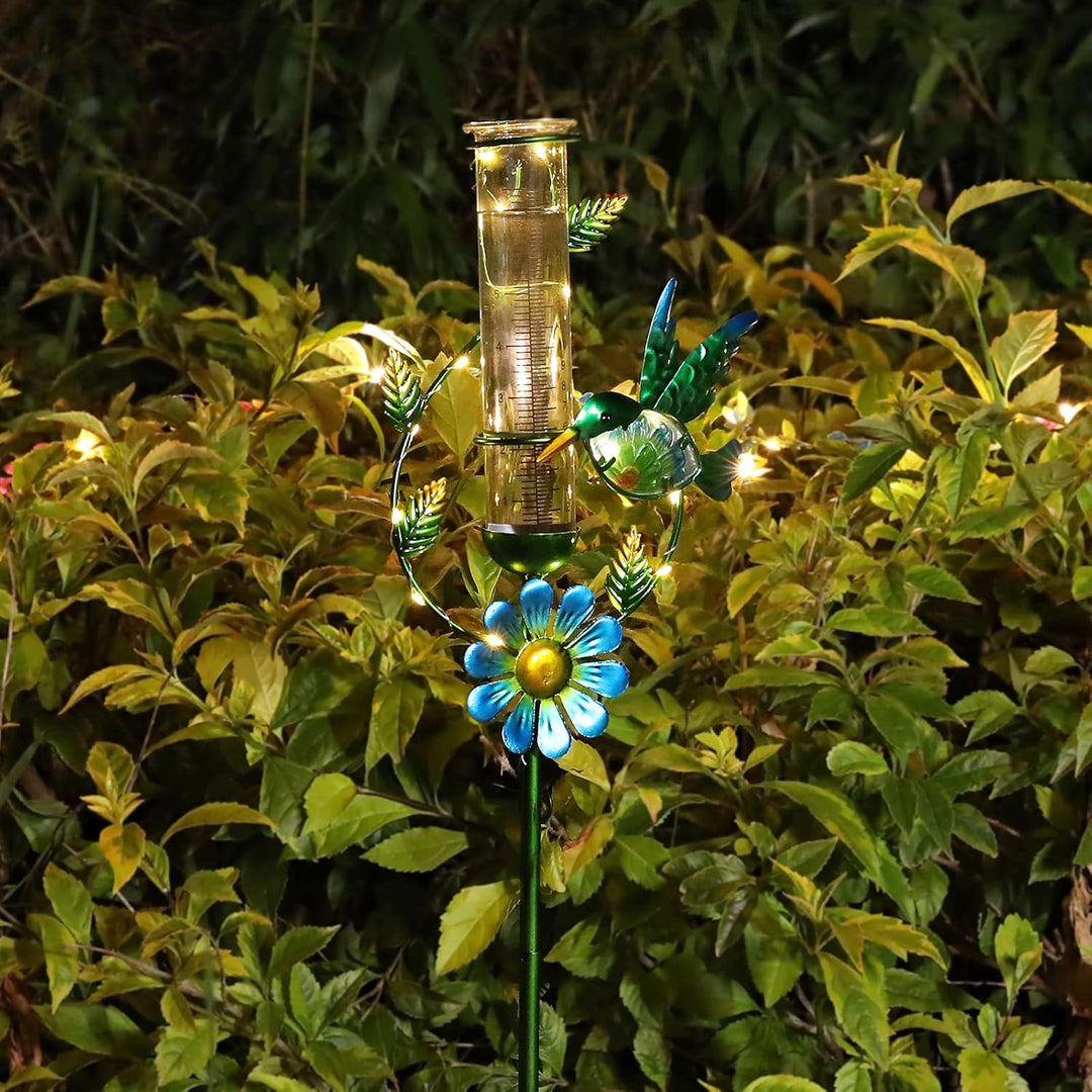 MUMTOP Regenmesser für den Aussenbereich – solarbetriebener Garten-Regenmesser, Metall-Kolibri-Blume