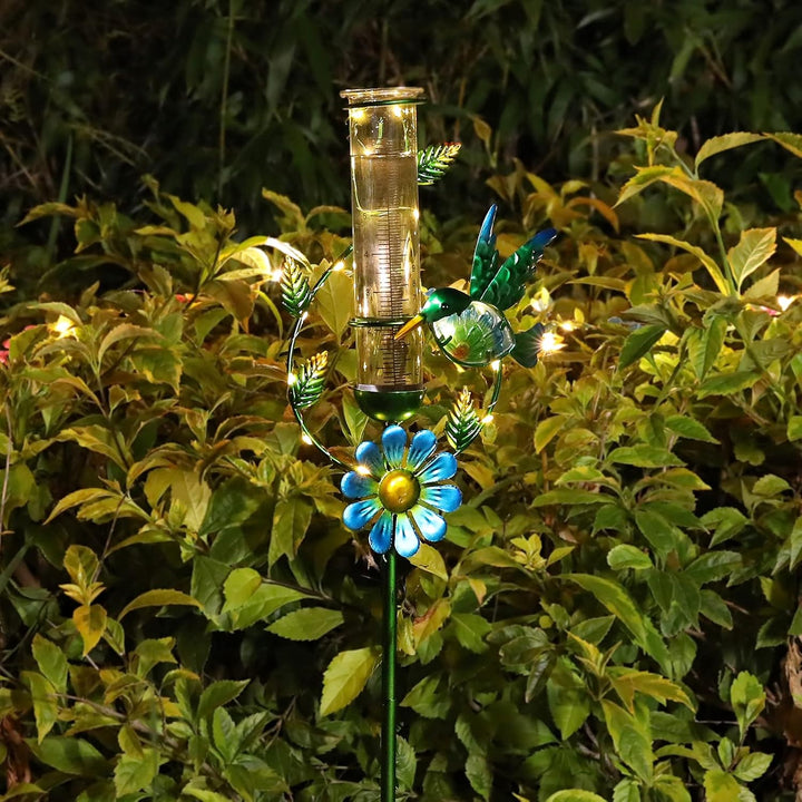 MUMTOP Regenmesser für den Aussenbereich – solarbetriebener Garten-Regenmesser, Metall-Kolibri-Blume