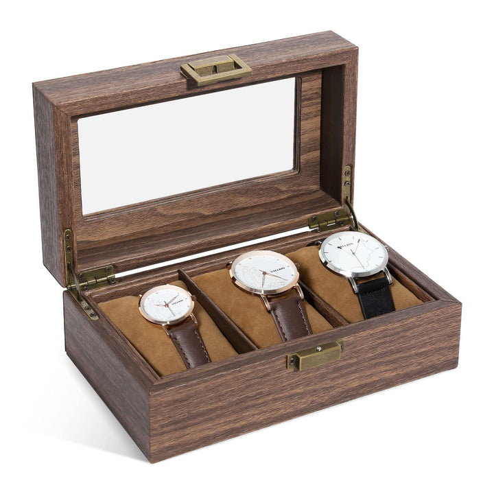 Uten Uhrenbox mit 3 Fächern, Uhrenbox mit Glasabdeckung, Uhrendisplay Aufbewahrungsbox für Damen und
