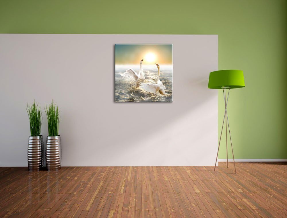 Pixxprint anmutige Schwäne Spritzen in den Wellen des Meeres, Format: 70x70 auf Leinwand, 70x70