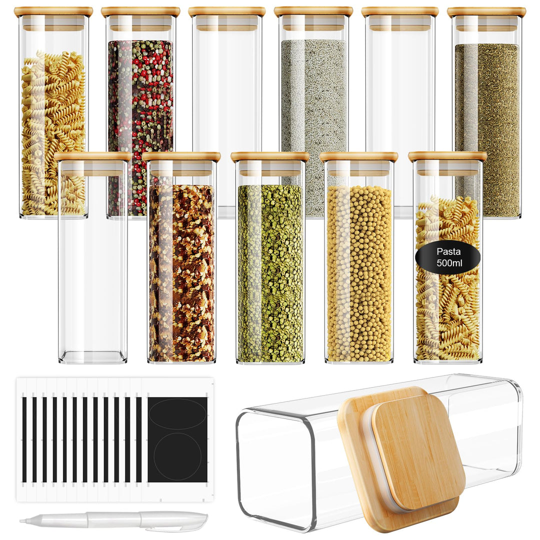 FINEW Gewürzgläser Set Eckig-12 x 500ml, Hochwertig Gewürzdosen Glasbehälter mit Bambusdeckel Stapel
