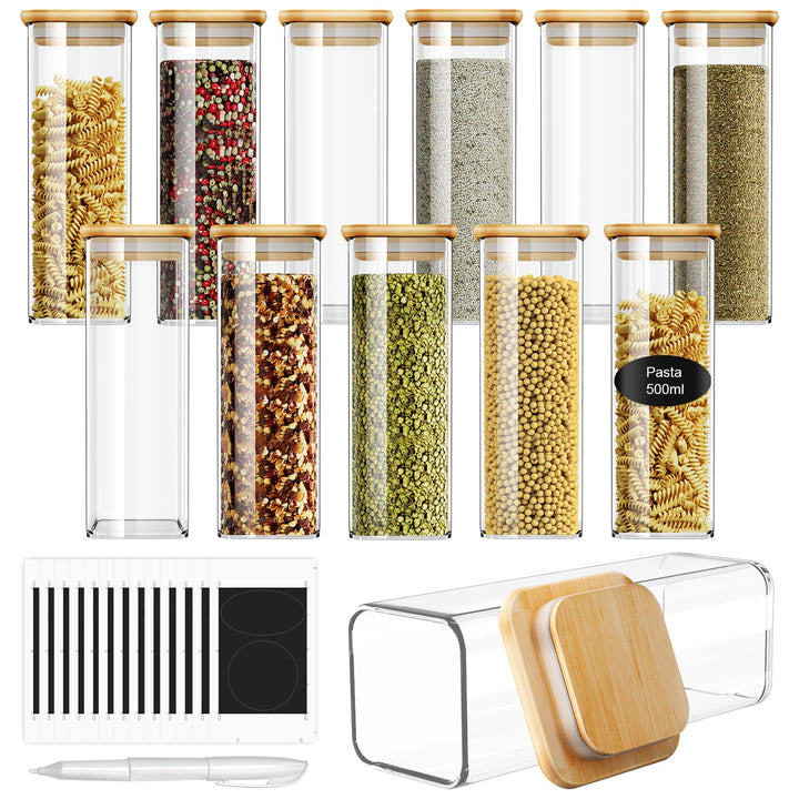 FINEW Gewürzgläser Set Eckig-12 x 500ml, Hochwertig Gewürzdosen Glasbehälter mit Bambusdeckel Stapel