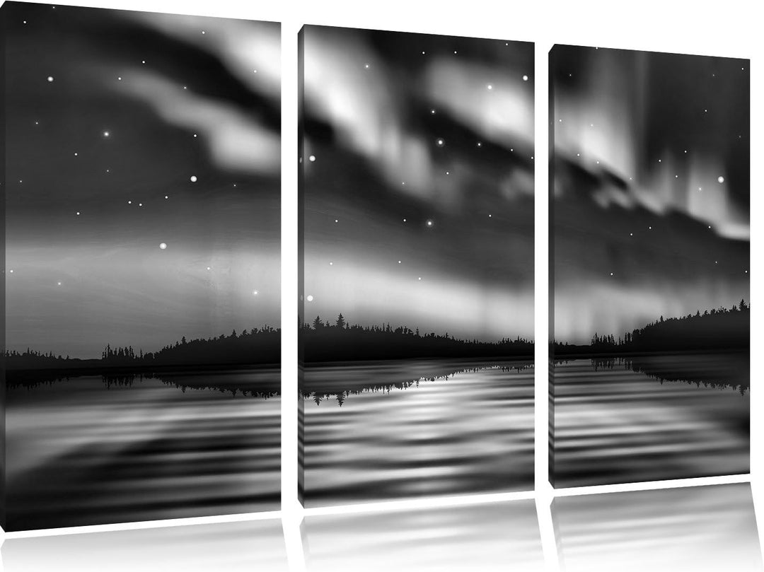 Pixxprint Monocrome, Polarlichter in Alaska 3-Teiler Leinwandbild 120x80 Bild auf Leinwand