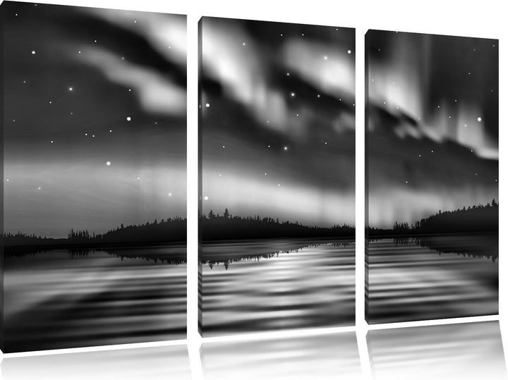 Pixxprint Monocrome, Polarlichter in Alaska 3-Teiler Leinwandbild 120x80 Bild auf Leinwand