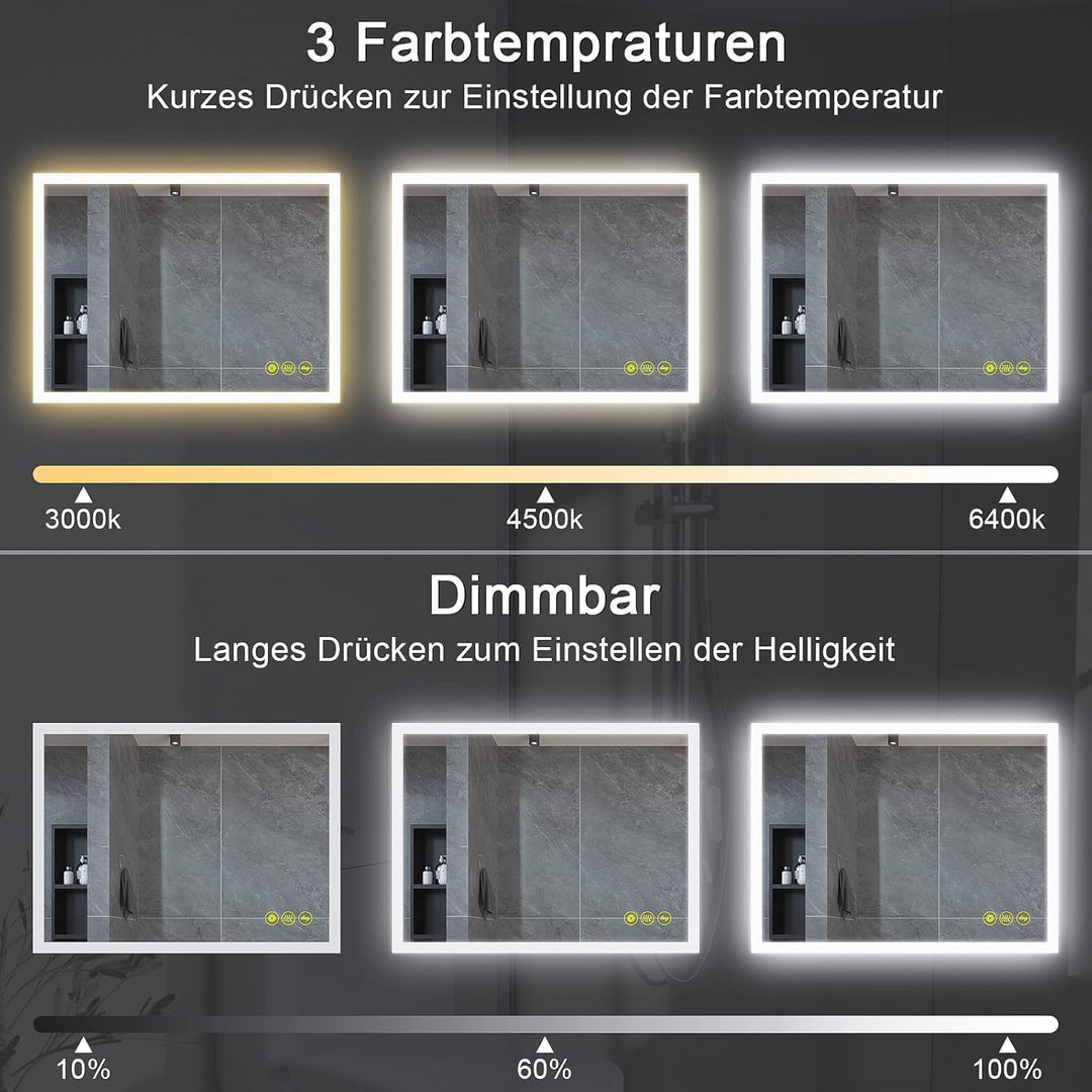 AI-LIGHTING Badspiegel mit Beleuchtung 80x60 cm Rechteckiger Badezimmerspiegel mit Beleuchtung Antib