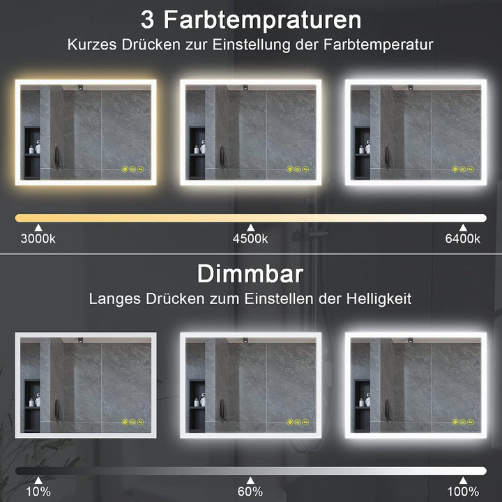 AI-LIGHTING Badspiegel mit Beleuchtung 80x60 cm Rechteckiger Badezimmerspiegel mit Beleuchtung Antib