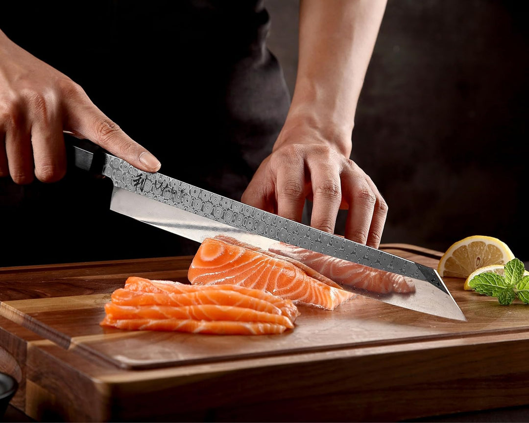 Wakoli Seishin Kiritsuke Damastmesser – 28cm Klinge aus 110 Lagen Volldamaststahl, Griff aus Wüstene