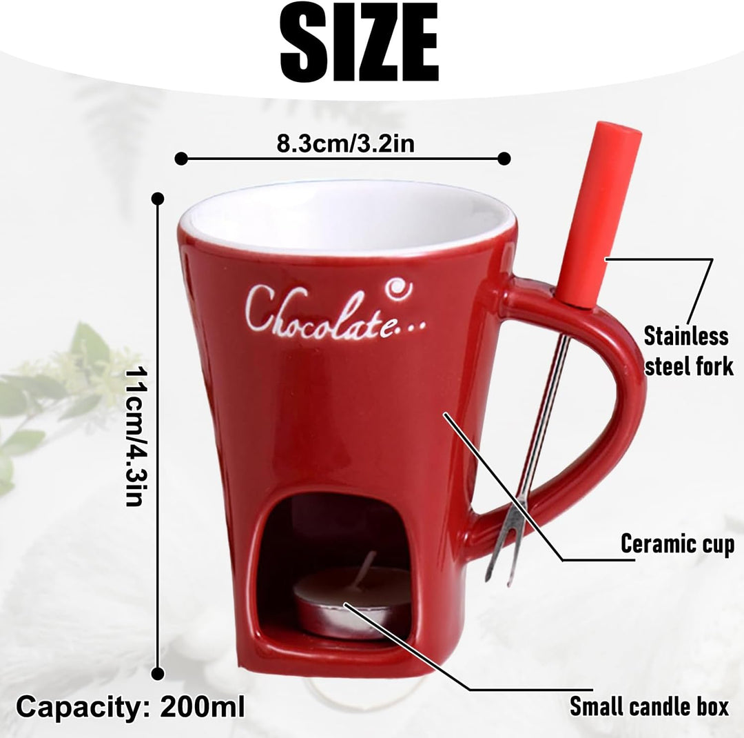Schokoladen Fondue Becher Set, 200 ml Keramik Schokoladenfondue Tasse, Schokofondue Tasse mit Gabel