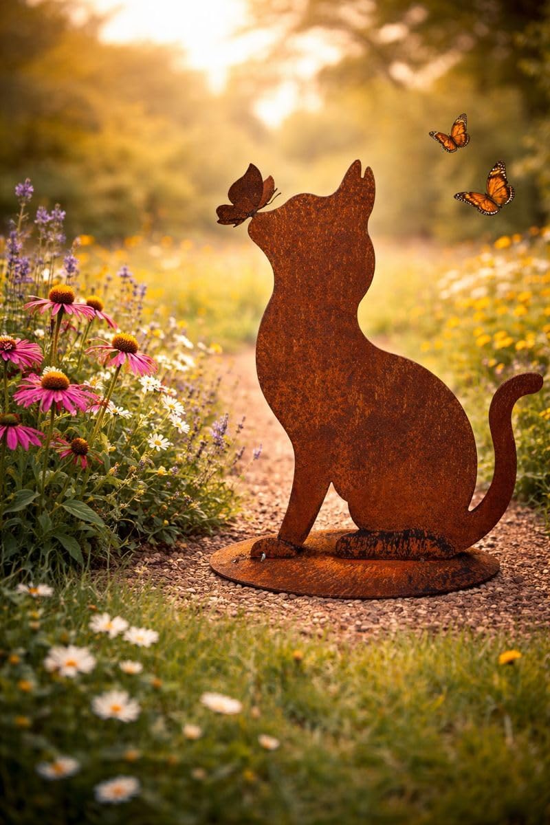 Bornhöft Gartendeko Gartenstecker Katze mit Schmetterling, Edelrost Rost-Optik Metallfigur, Gartensk