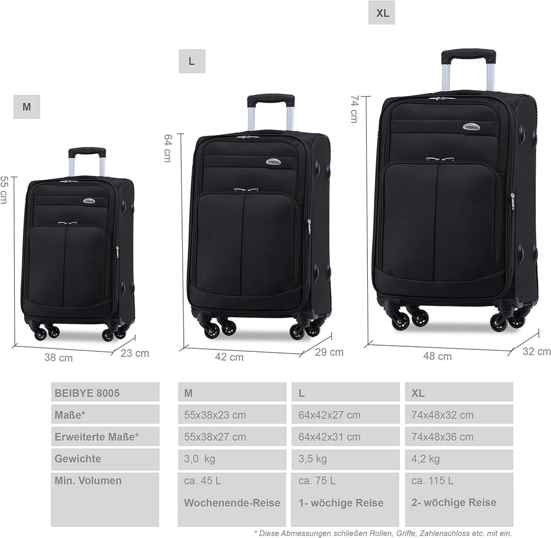 BEIBYE 4 Rollen Reisekoffer 3tlg.Stoffkoffer Handgepäck Kindergepäck Gepäck Koffer Trolley Set-XL-L-